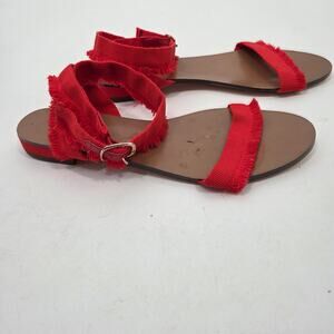 J Crew women SZ 7 Red Grossgrain Ribbon Sandal Fringe Leather Summer Preppy